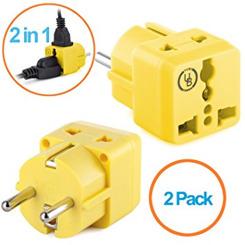 European Plug Adapter by Yubi Power 2 in 1 Universal Travel Adapter with 2 Universal Outlets - 2 Pack - Yellow - Shucko Type E / F for France, Germany, Spain, Sweden, Turkey, Ukraine and More!