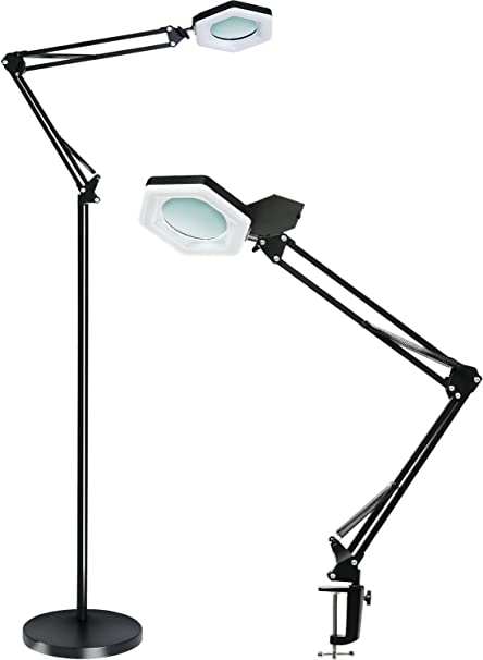 Psiven Magnifying Floor Lamp with Clamp, Dimmable LED Magnifying Glass with Light and Stand, 3 Lighting Modes, Adjustable Swing Arm, Lighted Magnifier Workbench Light for Close Work, Reading, Sewing