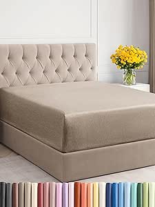 Extra Deep Twin XL Fitted Sheet - Hotel Luxury Single Fitted Sheet - Easily Fits 18 inch to 24 inch Mattress - Soft, Wrinkle Free, Breathable & Comfy Extra Deep Pockets Heathered Beige Fitted Sheet