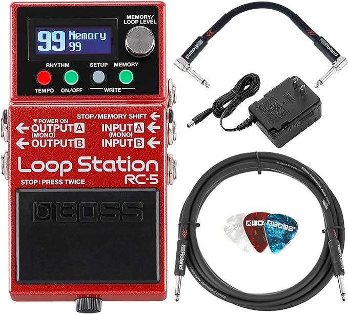 Boss RC-5 Loop Station Bundle with Roland Power Adapter, Roland 10ft Instrument Cable, Roland 6in Patch Cable, and Picks