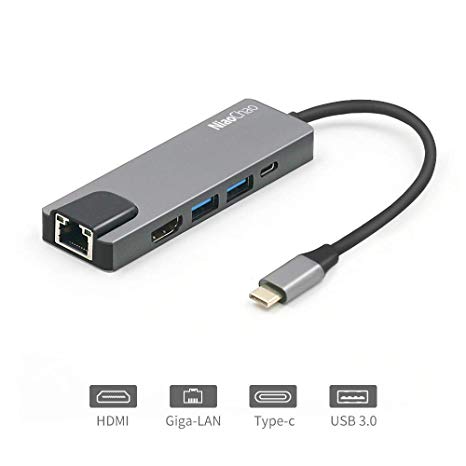 USB C Hub Adapter to RJ-45 Gigabit Ethernet Port, NiaoChao 5 in 1 Type C Multiport Converter USB 3.1 to HDMI 4K, 2 USB 3.0 Ports, USB C Power Charging, for MacBook Pro 2018/2017/2016(Grey)