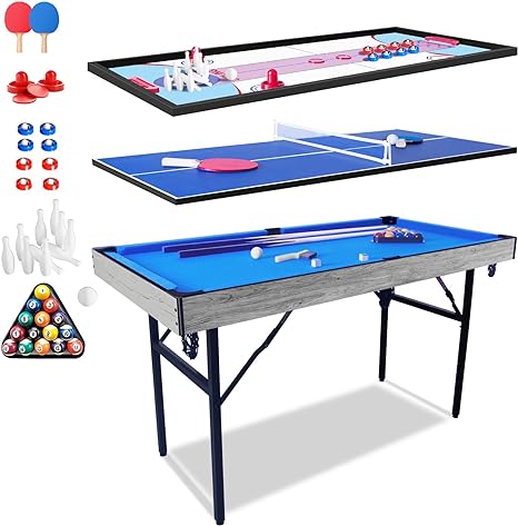 54" Upgrade Multi Game Table,5 in 1 Folding Sports Arcade Games with Accessories,Ping Pong,Pool Billiard,Shuffleboard,Bowling,Hockey Combo Game Set for Family Game Table,Indoor and Outdoor