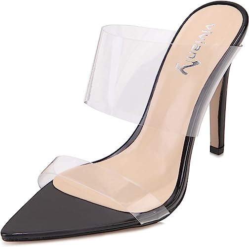 vivianly Clear Pointed Toe Heels Sandals Transparent Strap Stiletto High Heels Slip on Mules for Women