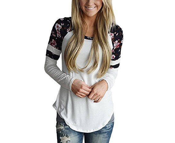 Womens Long Sleeve T-Shirt Ladies Round Neck Casual Party Loose Floral Tops and Blouse
