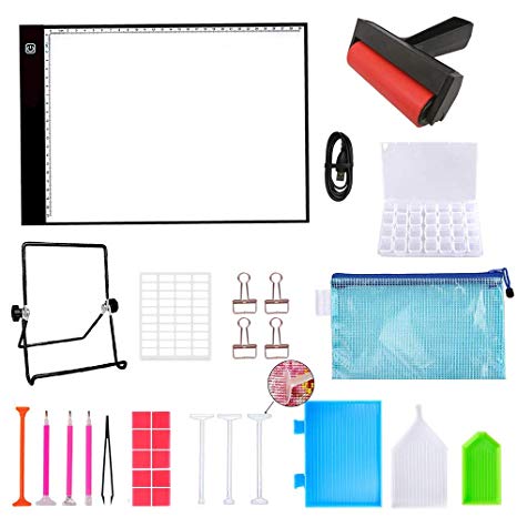 A4 Diamond Painting LED Light Pad Board, Ultrathin & Dimmable USB Power Light Pad Kit, 32 Piece Tool Kit,Perfect for Full Drill & Partial Drill 5D Diamond Painting with Aluminium Alloy Stand and Clips