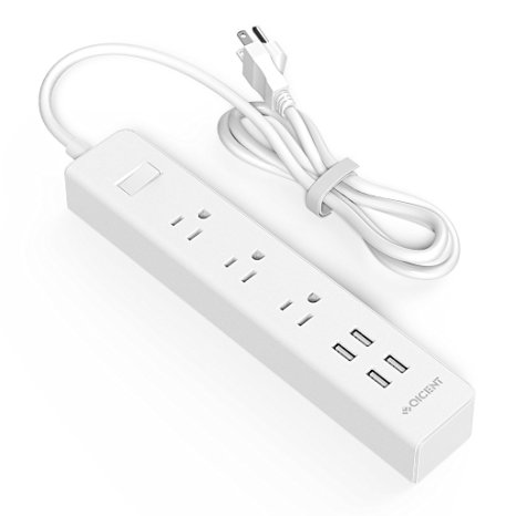 QICENT Flexible Surge Protector Power Strip - 3 AC Outlet 4 USB Smart Ports for Travel 1700 Joules 4.9 ft