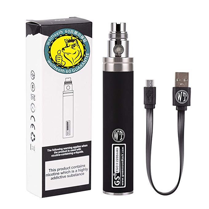 WOLFTEETH Genuine GS EGO II Prime 2200mAh Rechargeable Battery Bottom Micro USB Charge 510 Ego Charge, 510 E-Shisha E-Cigarette (Nicotine Free/Black 121502)