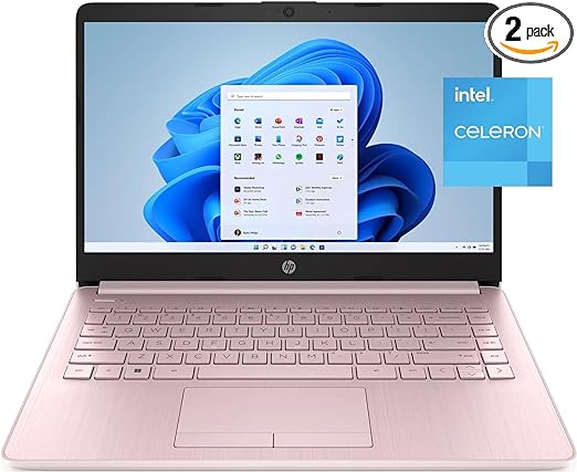 HP Newest Stream 14" HD Laptop, Intel Celeron Quad-Core Processor, 4GB DDR4 RAM, 64GB eMMC, 1 Year Office 365, WiFi, Bluetooth, HDMI, RJ-45, Webcam, USB Type-A&C, Win 11, Pink (Renewed)