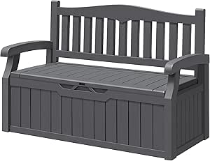 Greesum 70 Gallon Outdoor Storage Deck Box with Armrest Bench Lockable, Waterproof and UV Resistant, Suitable for Garden, Pool, Patio, Grey