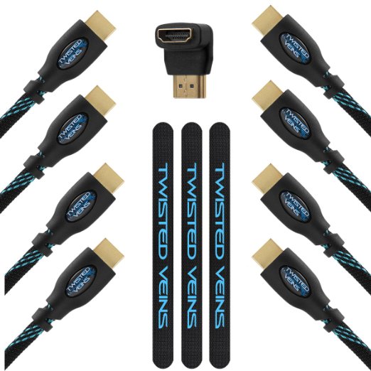 Twisted Veins Four (4) Pack of (3 ft) High Speed HDMI Cables   Right Angle Adapter and Velcro Cable Ties (Latest Version Supports Ethernet, 3D, and Audio Return)