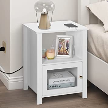 LYNSLIM Nightstand with Charging Station, Side Table with USB Ports & Power Outlets, Wooden Sofa Side Stand Cabinet with Glass Door, Sturdy End Table with Storage Cabinet for Home Office (White)