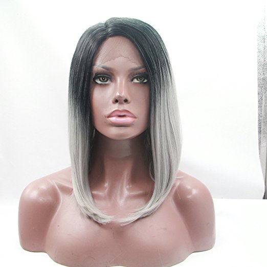 Fennell 2Tone Ombre Black To Silver Gray Synthetic Lace Front Wig Short Bob Heat Resistant Hair Wigs For Ladies