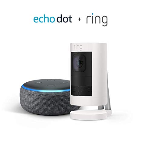 Ring Stick Up Cam Battery HD Security Camera (White) with Echo Dot (3rd Gen)