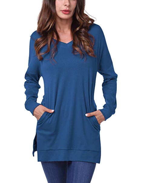 DJT FASHION Womens Casual V-Neck Long Sleeves Side Split Sweater Tunic Tops