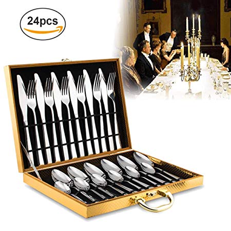 24 Piece Silverware Set,Flatware Set for 6,Stainless Steel Cutlery with Round Edge Include Knife/Fork/Spoon/Teaspoon,Mirror Polished,Dishwasher Safe,for Housewarming Gift