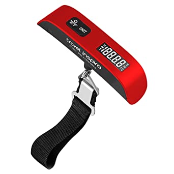 Travel Inspira Digital Hanging Postal Luggage Scale with Carry Pouch Temperature Sensor Rubber Paint Technology White Backlight LCD Display 110LB / 50KG - Red