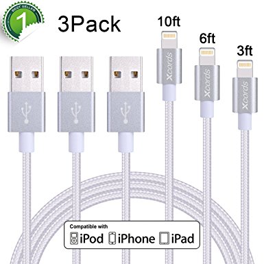 Xcords(TM) 3Pack 3ft 6ft 10ft Nylon Braided 8 Pin Lightning to USB Cable Charger Compatible with iPhone 7/ 7 Plus/6/ 6 Plus/ 6s/ 6s Plus /5/5s/5c/SE/iPad/iPod/Beats Pill (silver)