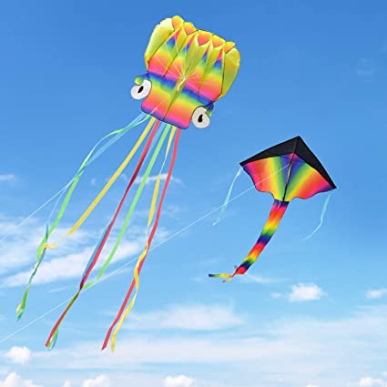 Kupton 2 Pack Kites Kit, 5M Large Octopus Kite and Rainbow Delta Kite with Beautiful Tails for Kids and Adults, Easy to Fly for Children’s Outdoor Games and Activities