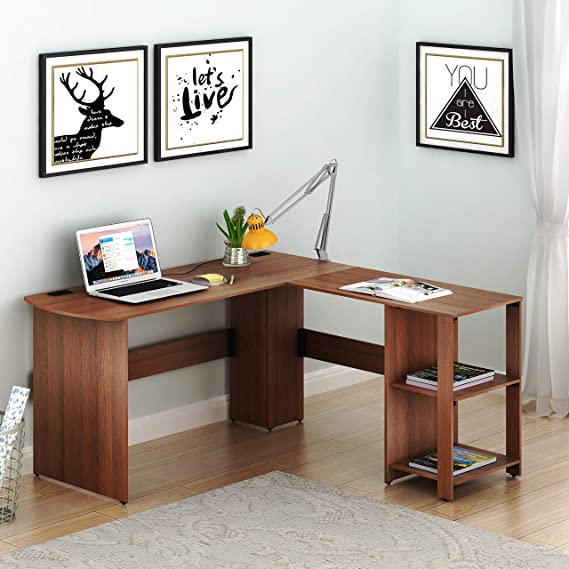SHW L-Shaped Home Office Corner Desk Wood Top, Walnut