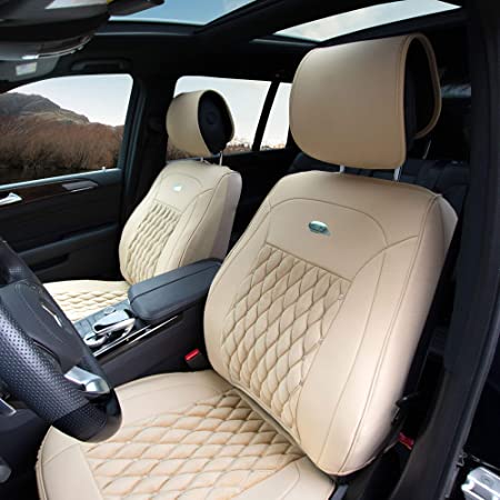 FH Group PU204102 Victorian Style Luxurious Leather Seat Cushion Pad Seat Covers (Beige) Front Set - Universal Fit