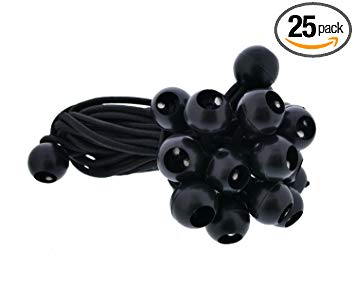 ABN 6” Inch Ball Bungee 25-Pack – Black Bungee Cord Loop Straps with Plastic Balls for Tarp Tie Down, Lacrosse, Soccer