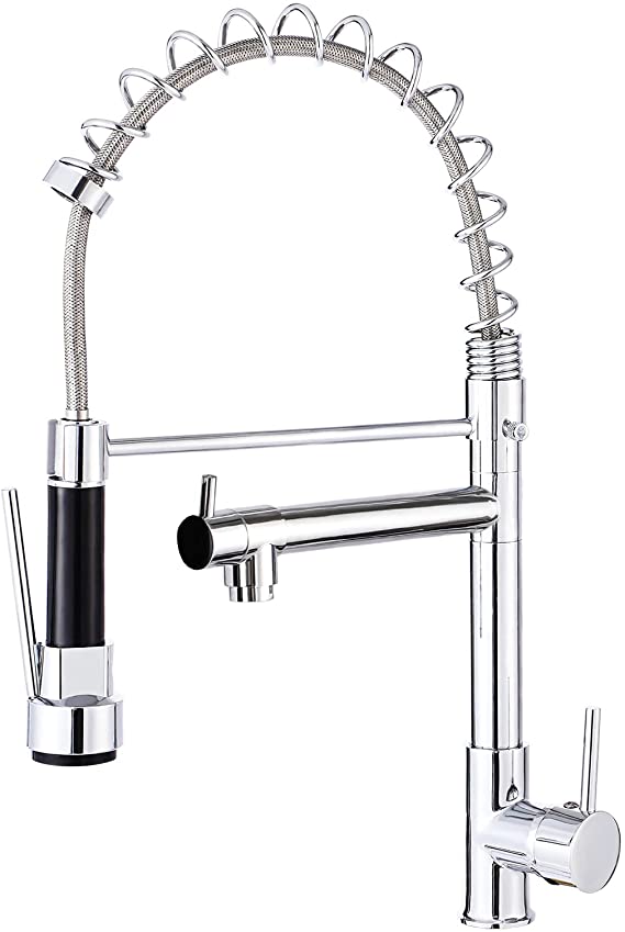 TTILL Kitchen Faucets 2-in-1 Commercial Solid Brass High Arc Single Handle Pull Down Sprayer Spring Kitchen Sink Faucet, Two Spout, 360° Rotation, Lead-Free, Chrome Faucet, Grifos De Cocina