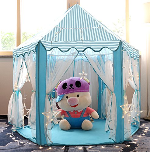 Kids Play House Princess Tent - Indoor and Outdoor Hexagon Pink Castle Play tent for Girls with LED Light by MonoBeach (Blue)