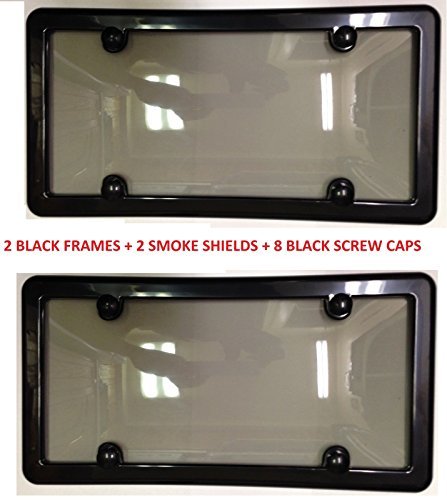 2 UNBREAKABLE TINTED SMOKE LICENSE PLATE SHIELD COVER  2 BLACK FRAMES  8 BLACK SCREW CAPS