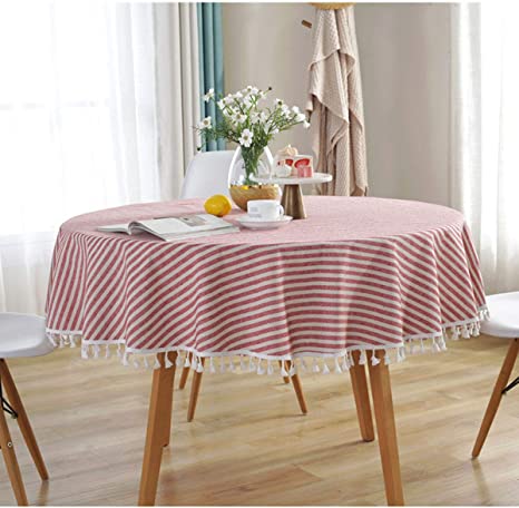Bringsine Stripe Tassel Tablecloth Cotton Linen Stain Resistant Dust-Proof Table Cloth Cover for Kitchen Dinning Tabletop Decoration (Round,60 Inch, Pink)