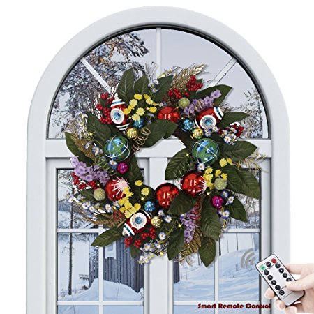 Valery Madelyn Pre-Lit 24 Inch Dazzling Multicolored Christmas Wreath with Shatterproof Ball Ornaments, Artificial Simulation Flower and Accessories, Battery Operated 20 LED Lights with Remote Timer