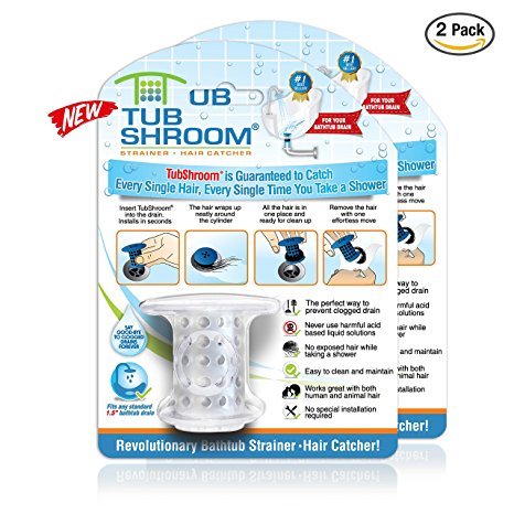 TubShroom Revolutionary Tub Drain Protector Hair Catcher/Strainer/Snare, 2 Pack, Clear