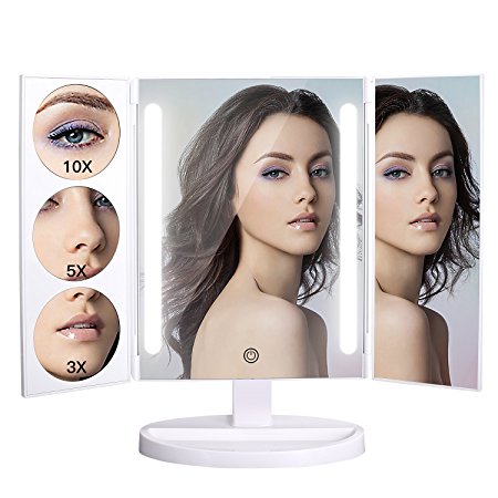 Bestope Oversized Makeup Vanity Mirror with 26 LED Lights, 18.8 inch Trifold Mirror with 3X/5X/10X Magnification, Touch Screen, 360°Rotation, Battery and USB Powered,Countertop Cosmetic Mirror