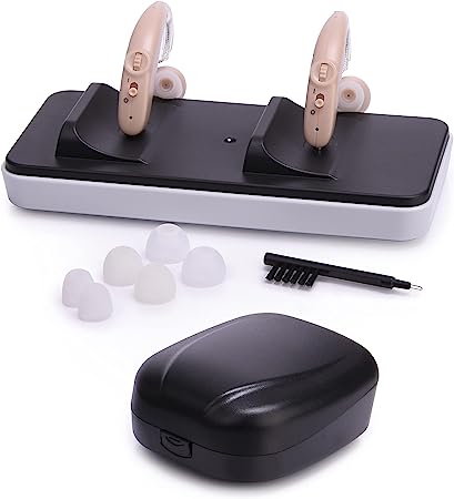 RCA OTC Hearing Aid Pair – Rechargeable, Discreet, Behind-The-Ear Hearing Aids, Adjustable Volume Control Wheel, Right or Left Ear Compatible, 15-Hour Battery Life, Water-Resistant, 2-Pack