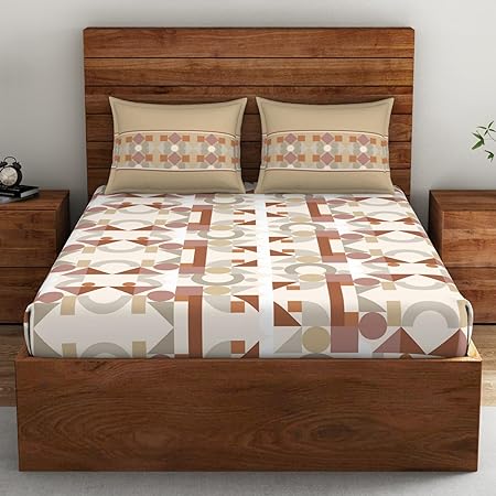 Spaces 100% Cotton Double Bedsheet (224 Cm X 254 Cm / 43 Cm X 68 Cm) | 132 Tc Percale Geometric Bedsheet & Pillow Covers Set (Pecan Brown)- Color Block