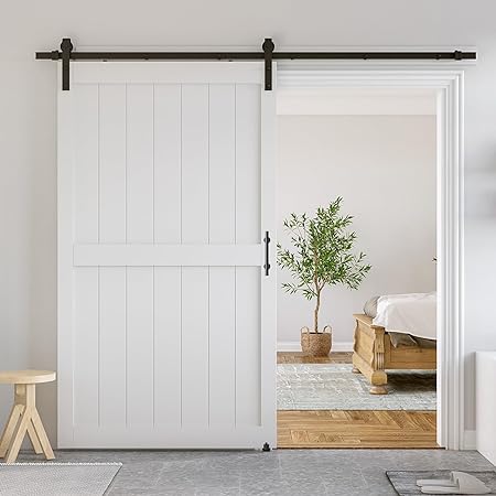 SmartStandard 48 x 84 inch White Slidng MDF Barn Door with 8FT Black Sliding Door Hardware Kit & Handle, Pre-Drilled Ready to Assemble, Waterproof PVC Coating, H-Frame