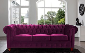 Classic Velvet Scroll Arm Tufted Button Chesterfield Style Sofa - Black, Red, Grey, Purple (Purple)