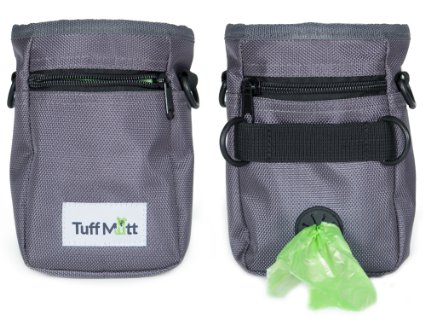 Tuff Mutt - Dog Treat Pouch for Training Carries Treats and Toys Poop Bag Dispenser Includes 1 Roll of Pet Waste Bags Adjustable Waist Belt or Over the Shoulder Strap 2 Zippered Pockets