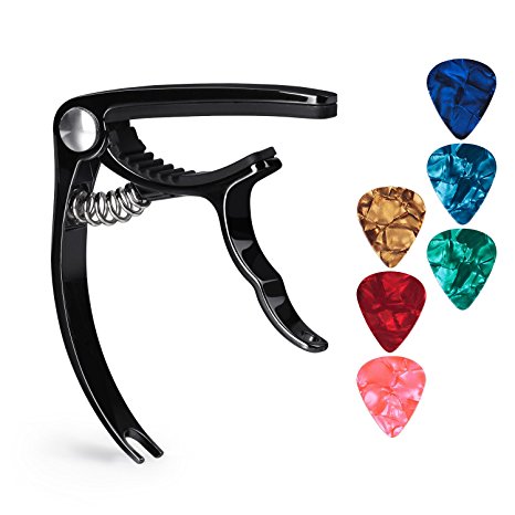 TOQIBO Guitar Capo with 6 Free Guitar Picks for Acoustic and Electric Guitars - Also Quick Change Ukulele & Banjo Capos (Black)