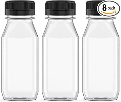 8 Pcs 8 Ounce Plastic Juice Bottle Drink Containers Juicing Bottles with Black Lids, Suitable for Juice, Smoothies, Milk and Homemade Beverages