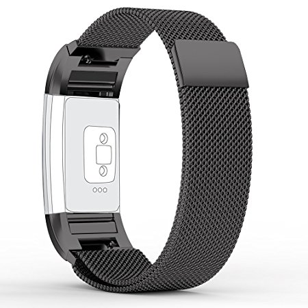 Fitbit Charge 2 Strap (6.7-8.1 inch) Large, with Unique Magnet Lock, PUGO TOP® Milanese Loop Stainless Steel Bracelet Strap Band for Fitbit Charge 2 Smart Watch No Buckle Needed (Black)