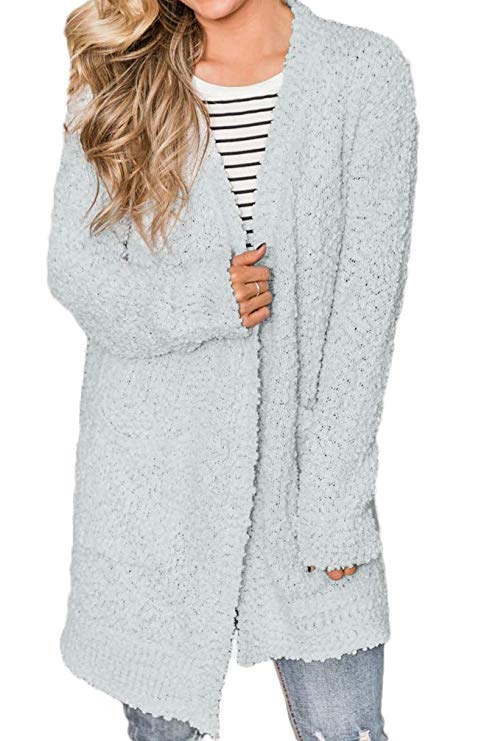 Women's Long Sleeve Open Front Popcorn Sweater Cardigan with Pockets