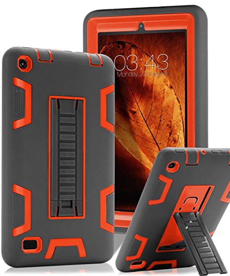 TOPSKY Fire 7" (2015 release) Case,[Kickstand Feature],Shock-Absorption / High Impact Resistant Heavy Duty Armor Defender Case For Amazon Fire 7 Inch Tablet,with Stylus, Grey / Orange