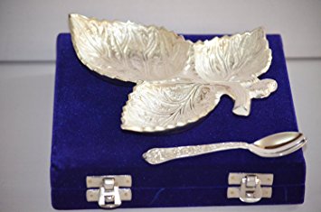 Cultural Hub® Bowl Platter Tray with Spoon Silver Plated Brass Indian Royal Engraving Design with Decorative Gifting Box Jk-378-427 (Leaf Shaped Bowl 7”)