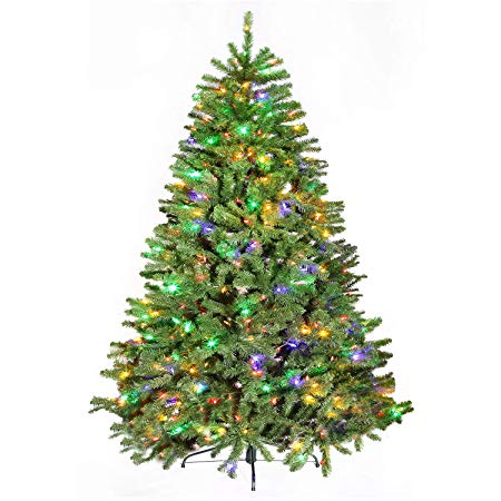 Hykolity 7.5ft Pre-Lit Christmas Tree, Artificial Xmas Tree with 500 LED Multicolor Lights, 10 Color Modes, 1400 Tips, Hinged Branches, UL Listed Lights