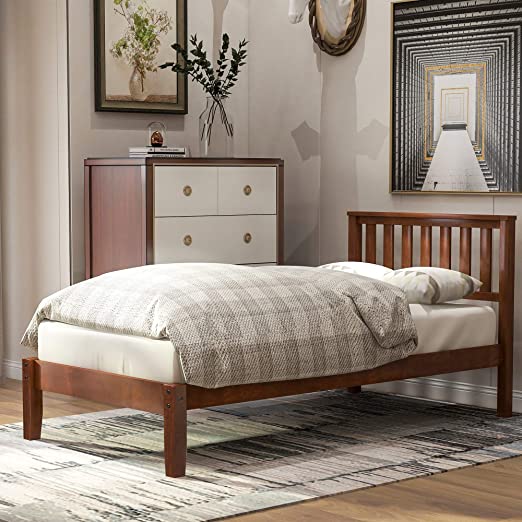 Twin Bed Frame, Wood Platform Bed with Headboard and Footboard, No Box Spring Needed, Walnut