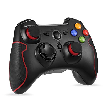 EasySMX Wireless Game Controller, EG-C3071W 2.4G Wireless Game Controller, Dual Shock, TURBO for Android Phone or Tablet with OTG Function & PS3/PC/TV or TV Box (Black and Red Joystick)