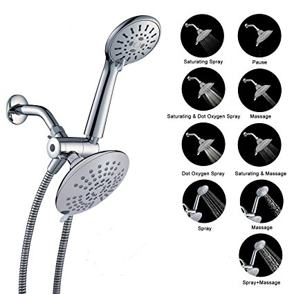 [Water Sense UPC Approved] Weize 6 Inch 6 Setting Dual Shower Head 3-Way Rainfall Shower Head / Handheld Shower Combo with Stainless Hose, Chrome