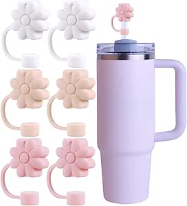 GLAMFIELDS 6pcs Flower Straw Cover Cap for Stanley Cup 30 40 oz, 0.4in 10mm Straw Toppers, Reusable Silicone Straw Covers for Stanley Tumbler Accessories Dust-proof Straw Tips Protectors White Pink