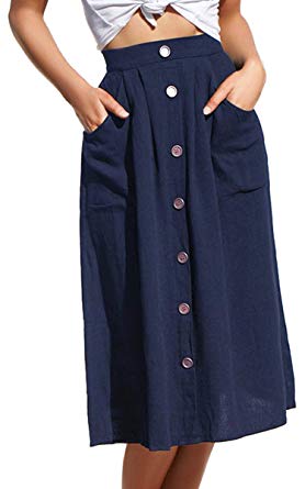 Angashion Women's Skirts - Vintage Button Front Solid A Line Midi Skirt with Pockets