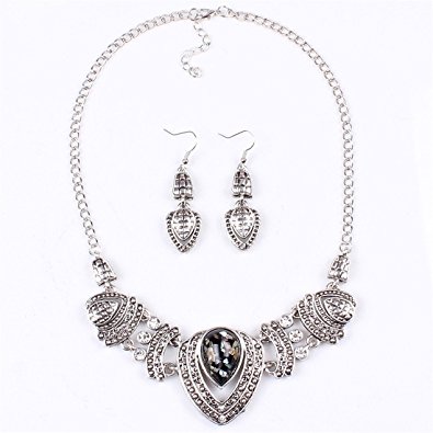 Qiyun (TM) Chunky Tibet Silver Tribal Heart Love Pendant Bib Choker Necklace Earrings Set